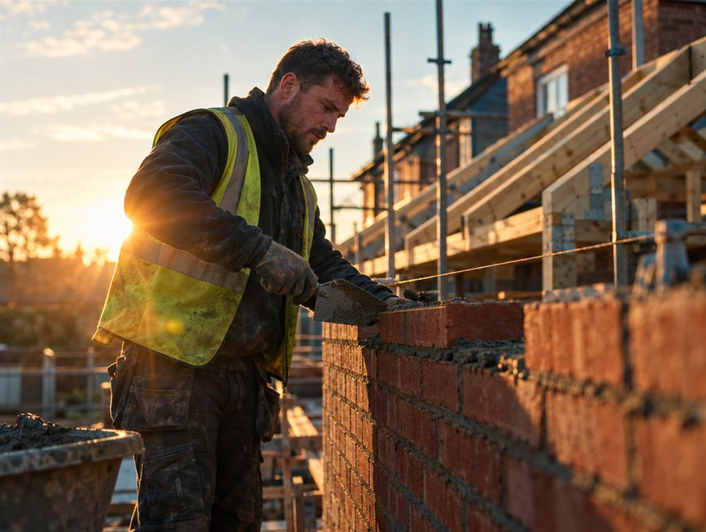 Bricklayer building a new home extension at golden hour