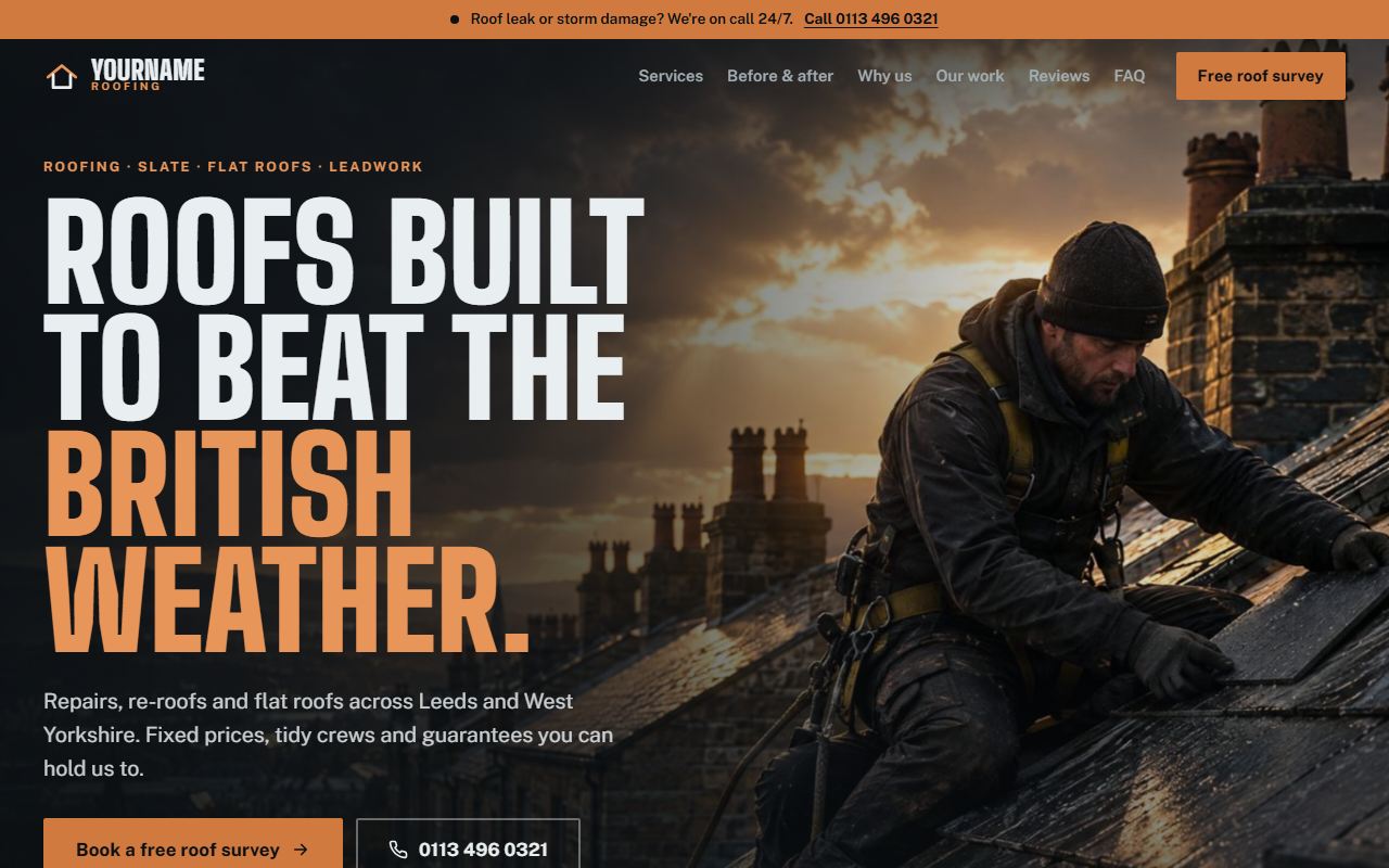Roofer demo website on a desktop screen