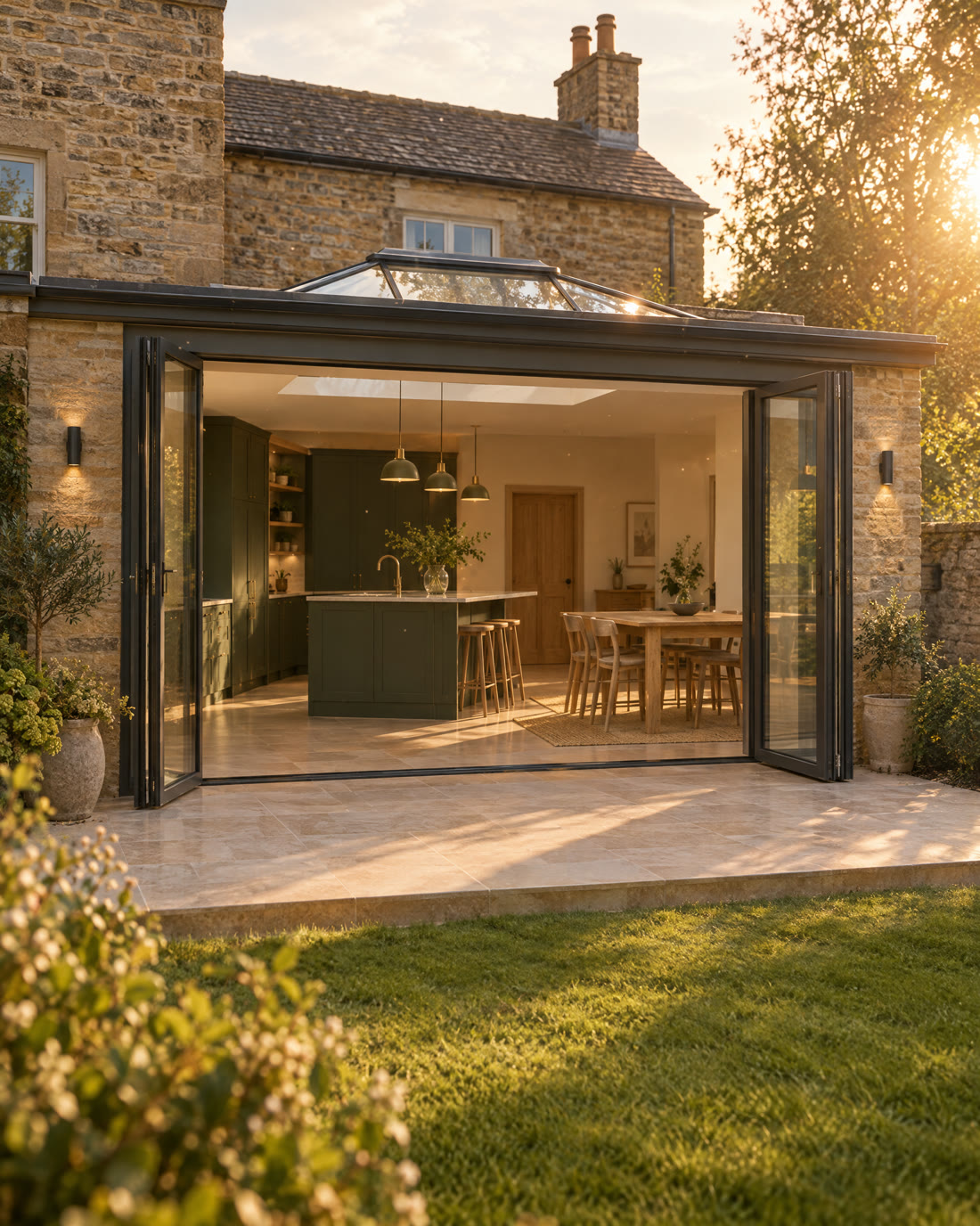 A finished single-storey rear extension with wide glass doors onto the garden