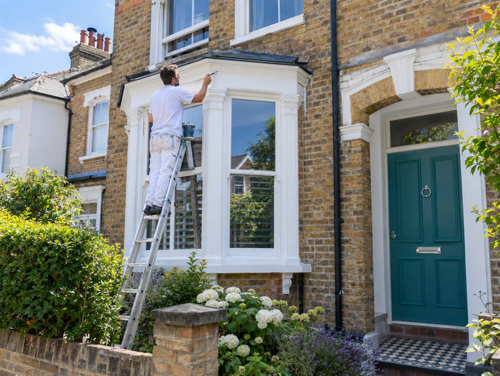 Painter on a ladder painting window frames on a brick house