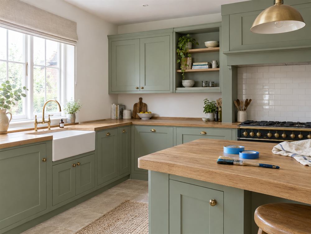 Kitchen cabinets freshly painted soft green