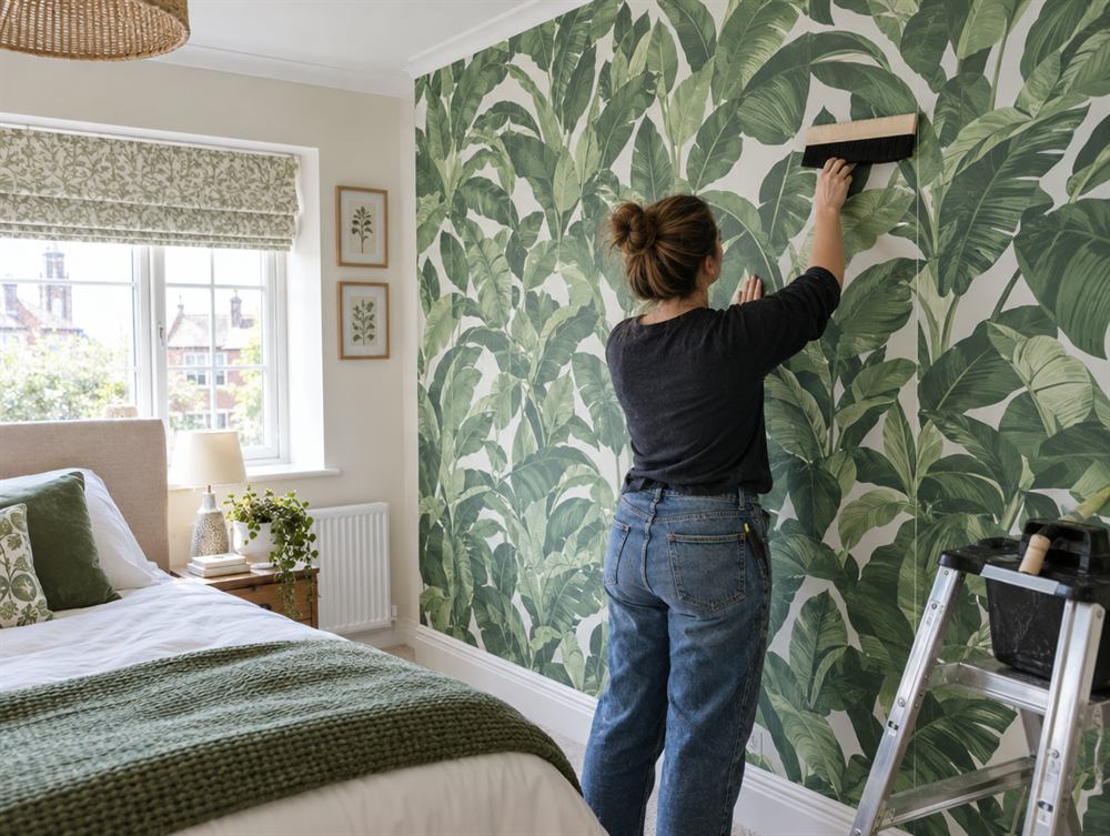 Decorator hanging botanical wallpaper on a feature wall