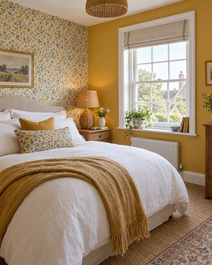 Bedroom with a mustard wall and patterned feature wallpaper