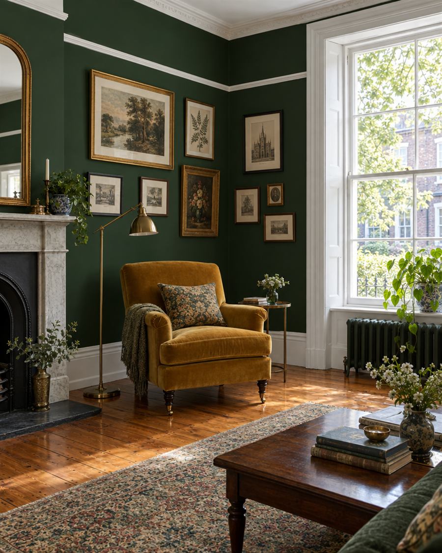 Living room painted deep green with white woodwork