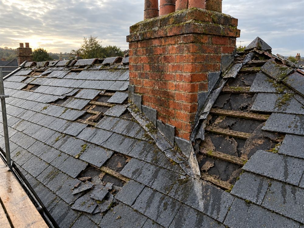 Storm-damaged roof with missing slates and broken ridge tiles