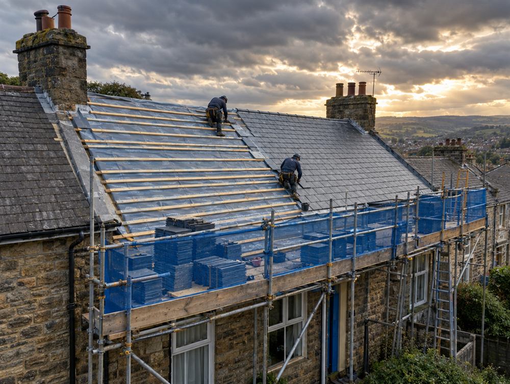 New slate roof being fitted on a stone terraced house