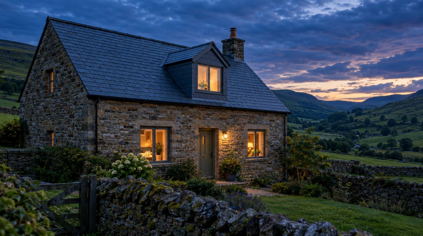 Finished slate roof on a stone cottage with a new dormer
